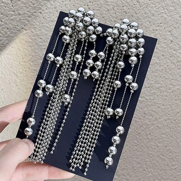 Zara EDGE NYC Uneven Chunky Dangle Mercury Pearl Pin Earrings long - Picture 10 of 16